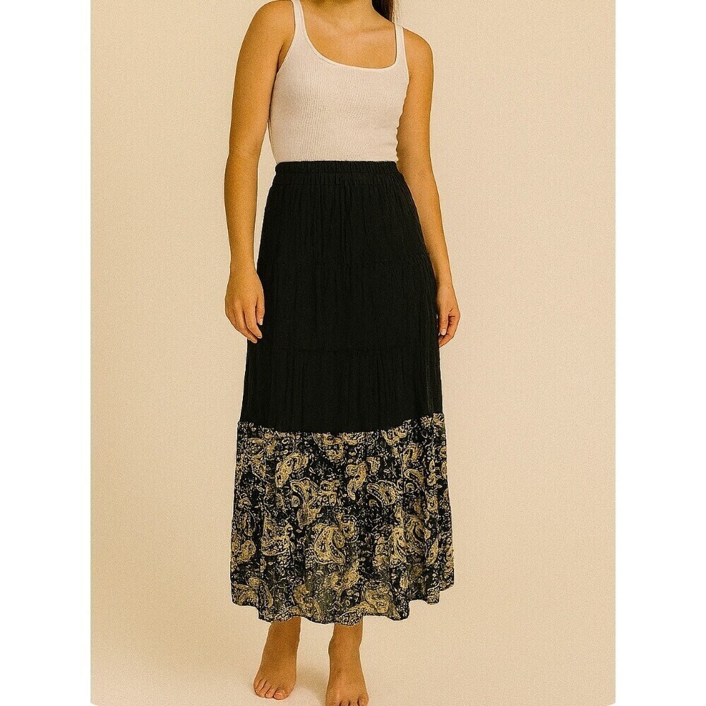 Women's broom stick skirt black gold tiered paisley print maxi elastic waist  MD